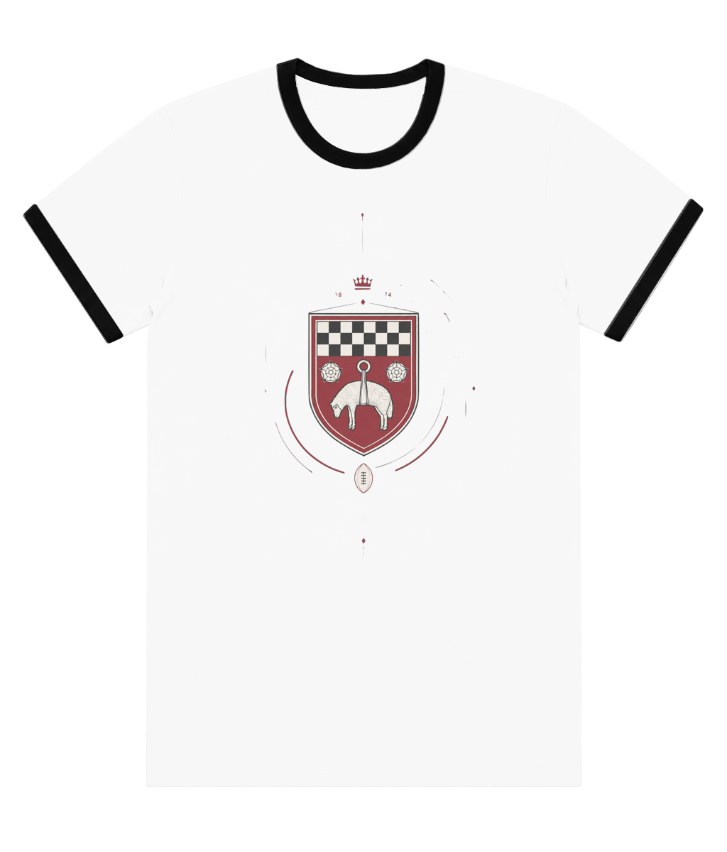 Skipton RFC Minis & Juniors Fine Lines Colour Staple Ringer Tee, front view showing the club design