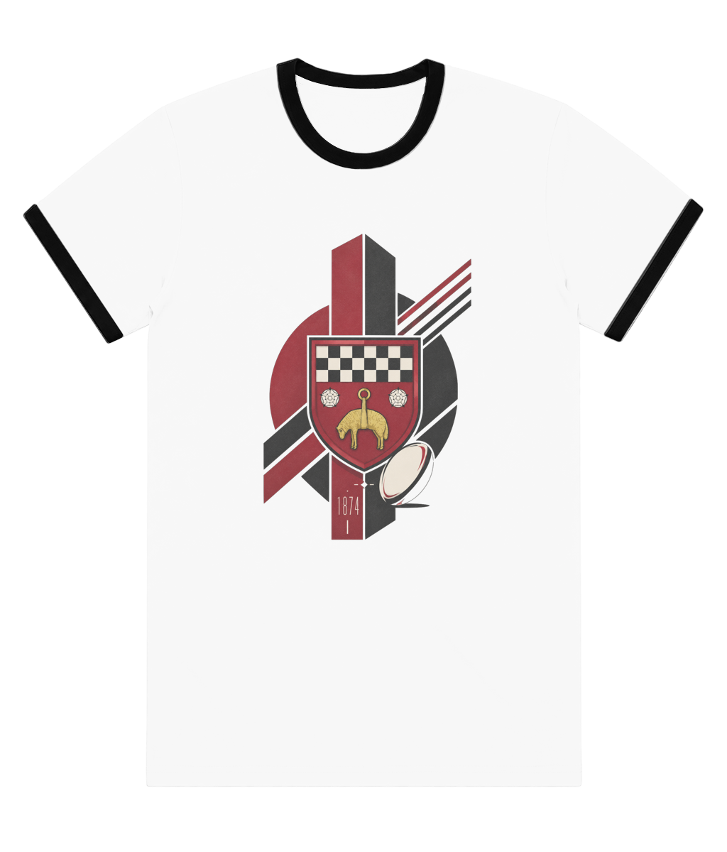 Skipton RFC Minis & Juniors Viking Colour Staple Ringer Tee, front view showing the club design
