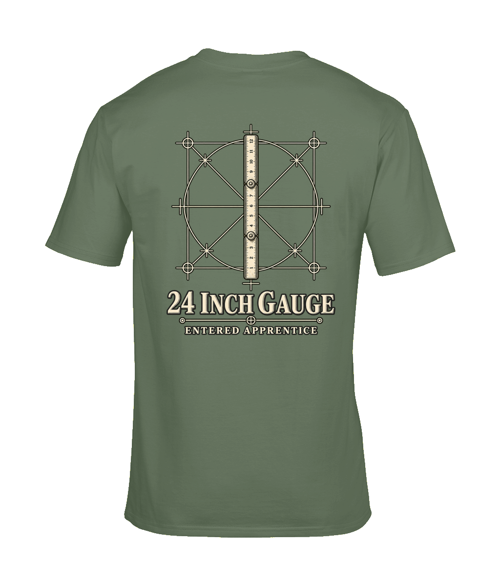 24 Inch Gauge premium Tools of Integrity T shirt back design featuring the 24 Inch Gauge
