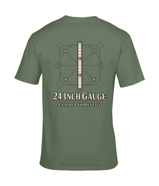 24 Inch Gauge premium Tools of Integrity T shirt back design featuring the 24 Inch Gauge