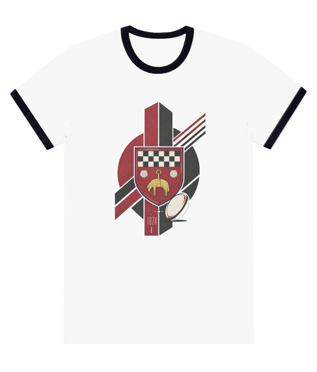 Skipton RFC Minis & Juniors Viking Colour Staple Ringer Tee, front view showing the club design