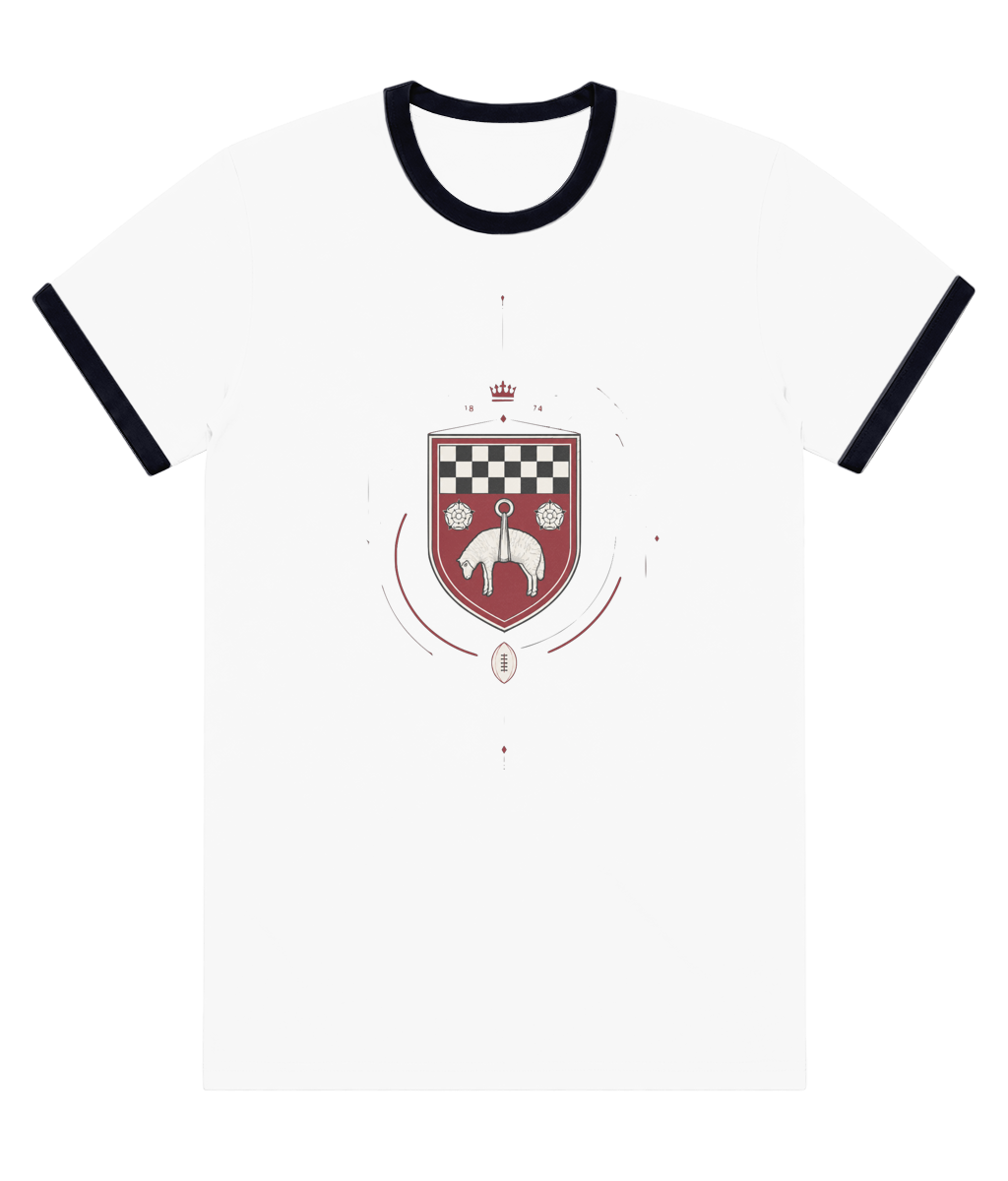 Skipton RFC Minis & Juniors Fine Lines Colour Staple Ringer Tee, front view showing the club design
