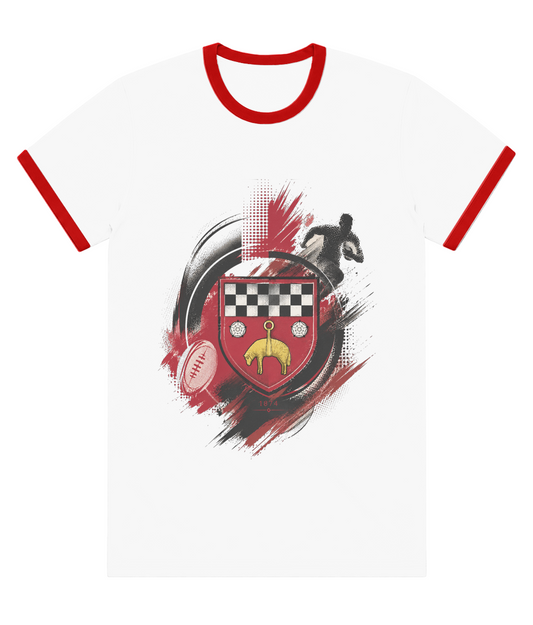 Skipton RFC Minis & Juniors Paint Wash Colour Staple Ringer Tee, front view showing the club design