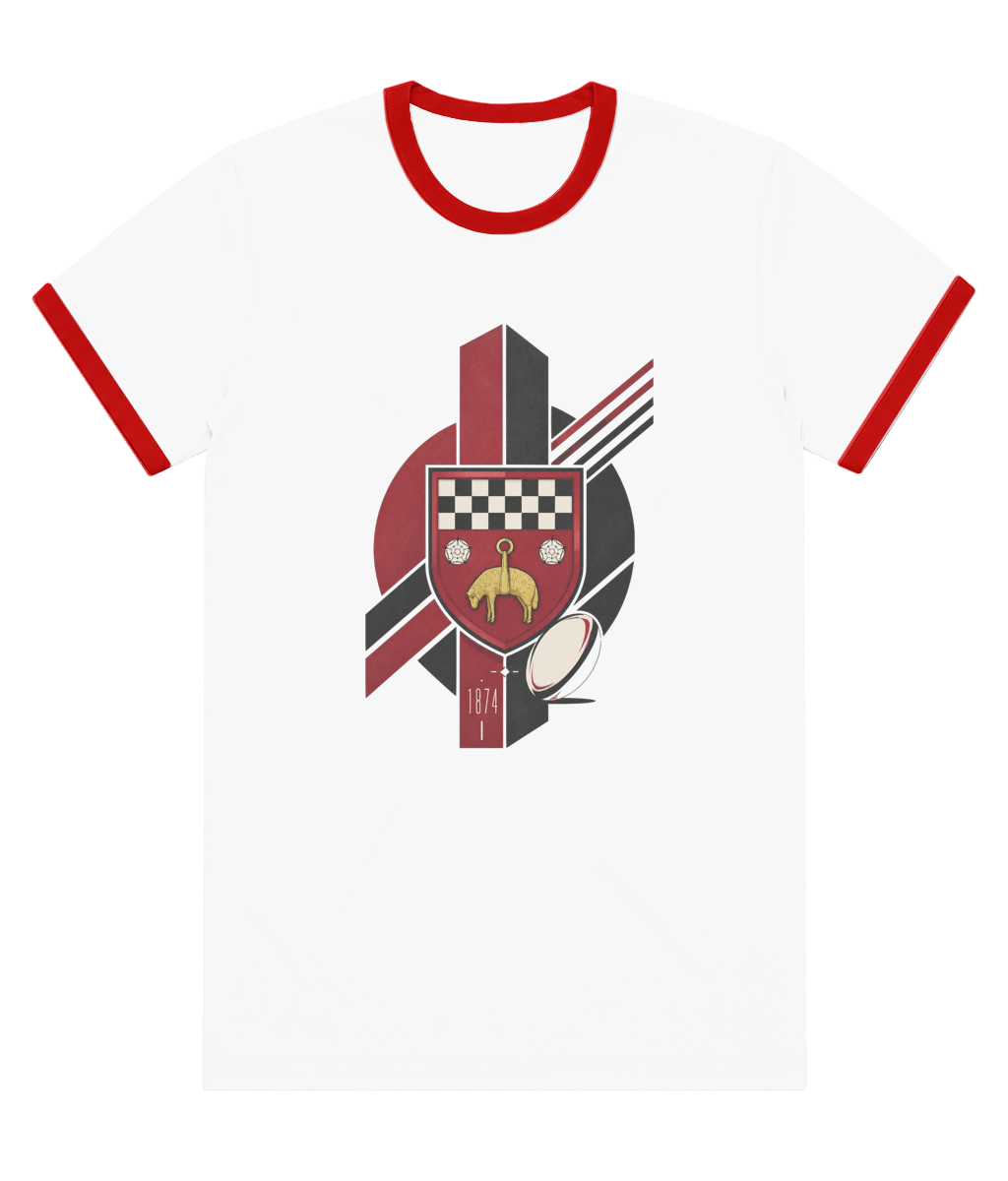 Skipton RFC Minis & Juniors Viking Colour Staple Ringer Tee, front view showing the club design