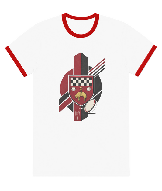 Skipton RFC Minis & Juniors Viking Colour Staple Ringer Tee, front view showing the club design