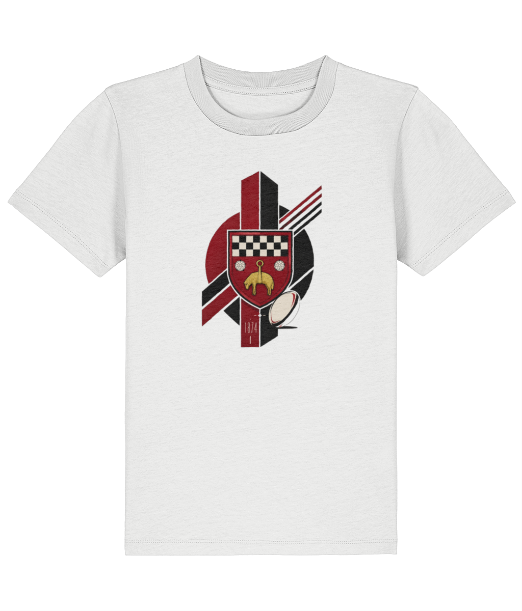 Skipton RFC Minis & Juniors Viking Iconic Kids T Shirt, front view showing the club design