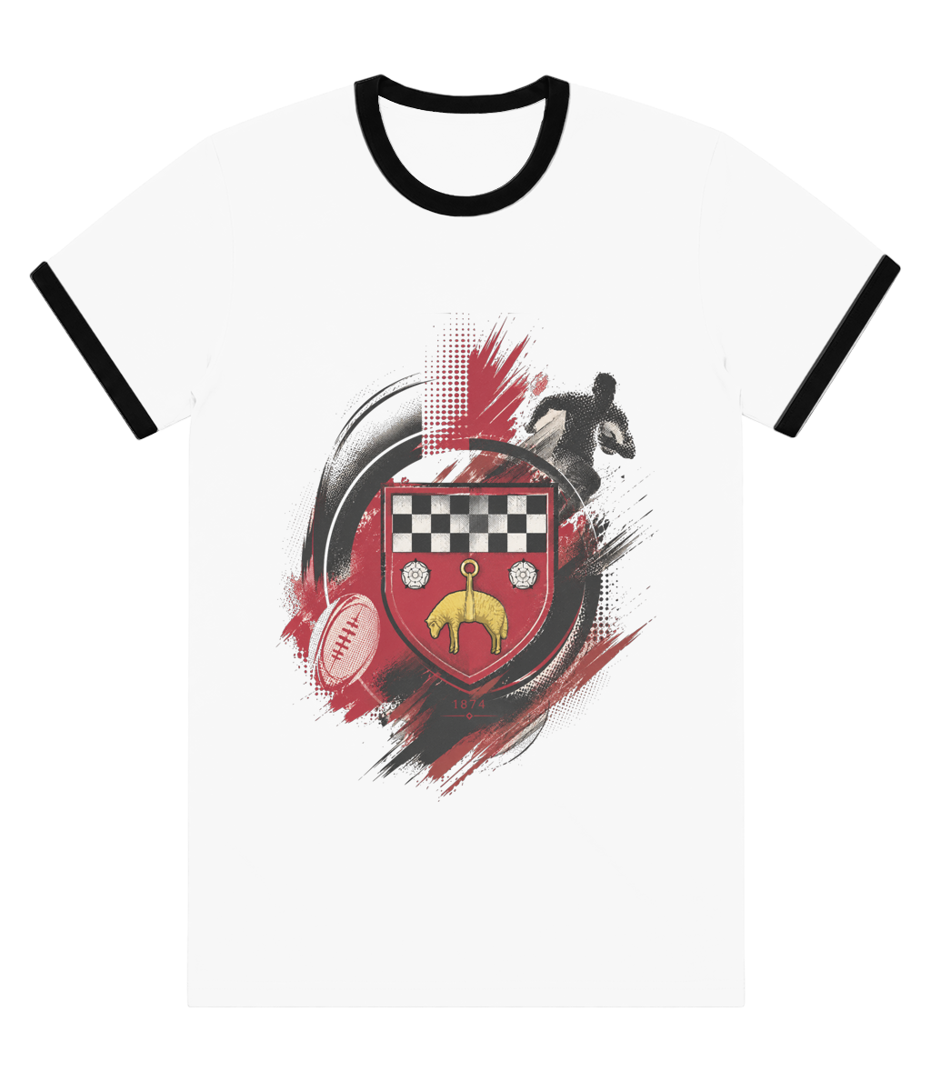 Skipton RFC Minis & Juniors Paint Wash Colour Staple Ringer Tee, front view showing the club design
