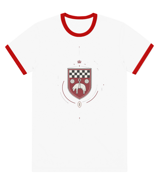 Skipton RFC Minis & Juniors Fine Lines Colour Staple Ringer Tee, front view showing the club design